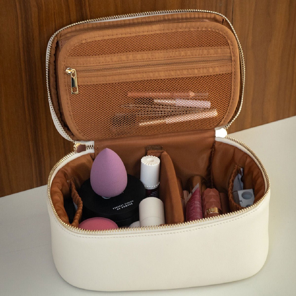 COSMETIQUERA NAPOLI 23CM DE PU BEIGE ESPEJO