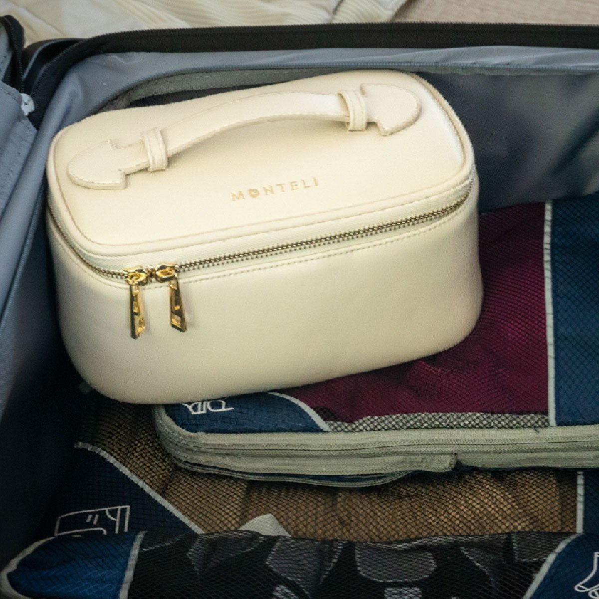 COSMETIQUERA NAPOLI 23CM DE PU BEIGE ESPEJO