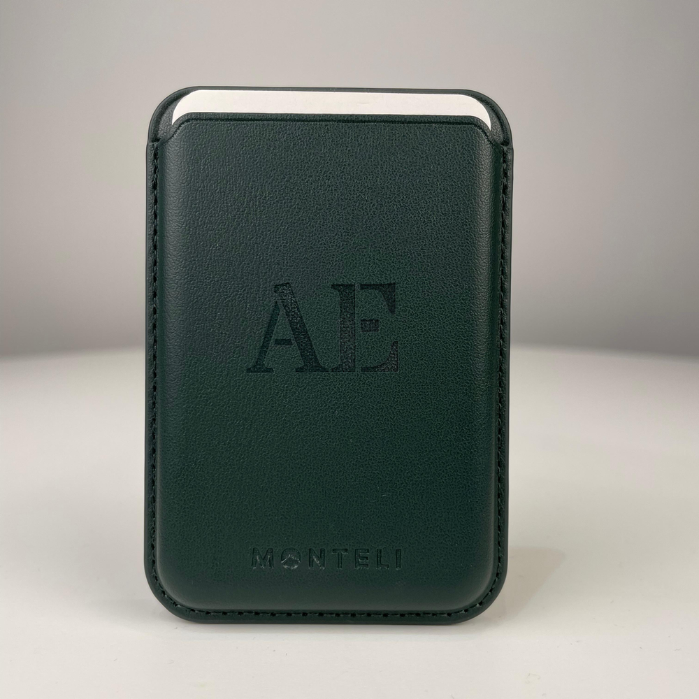 Tarjetero magnético slim verde con iniciales AE